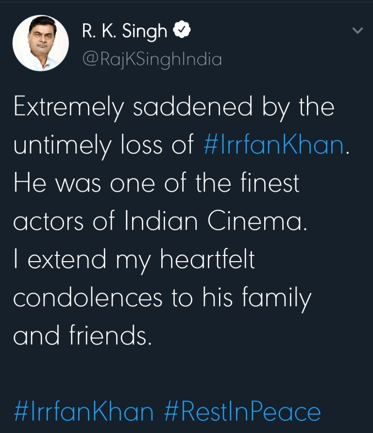 irfan khan death colon cancer condolence messages celebrities india bollywood actor movies work twitter demse passes away death national loss state honours