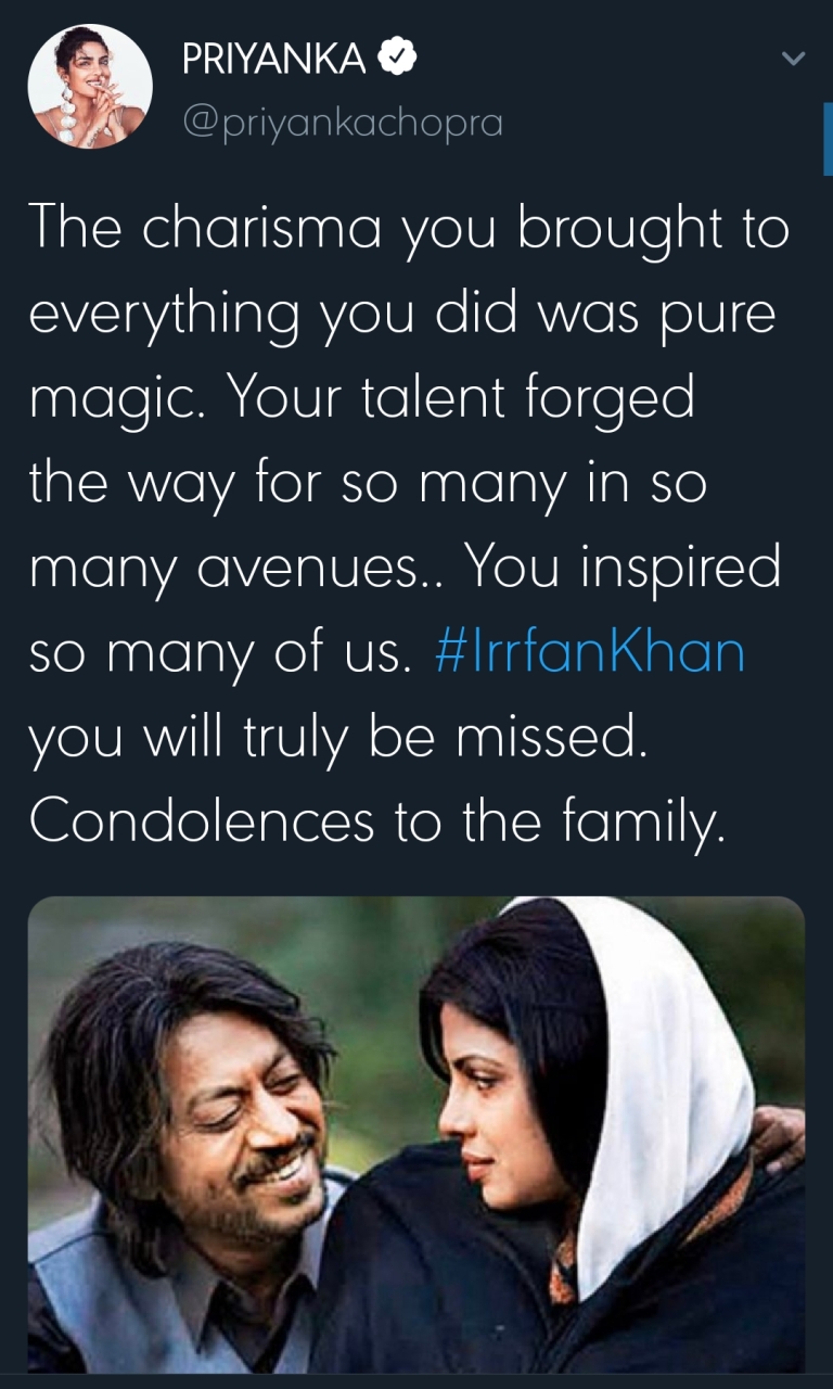 irfan khan death colon cancer condolence messages celebrities india bollywood actor movies work twitter demse passes away death national loss state honours